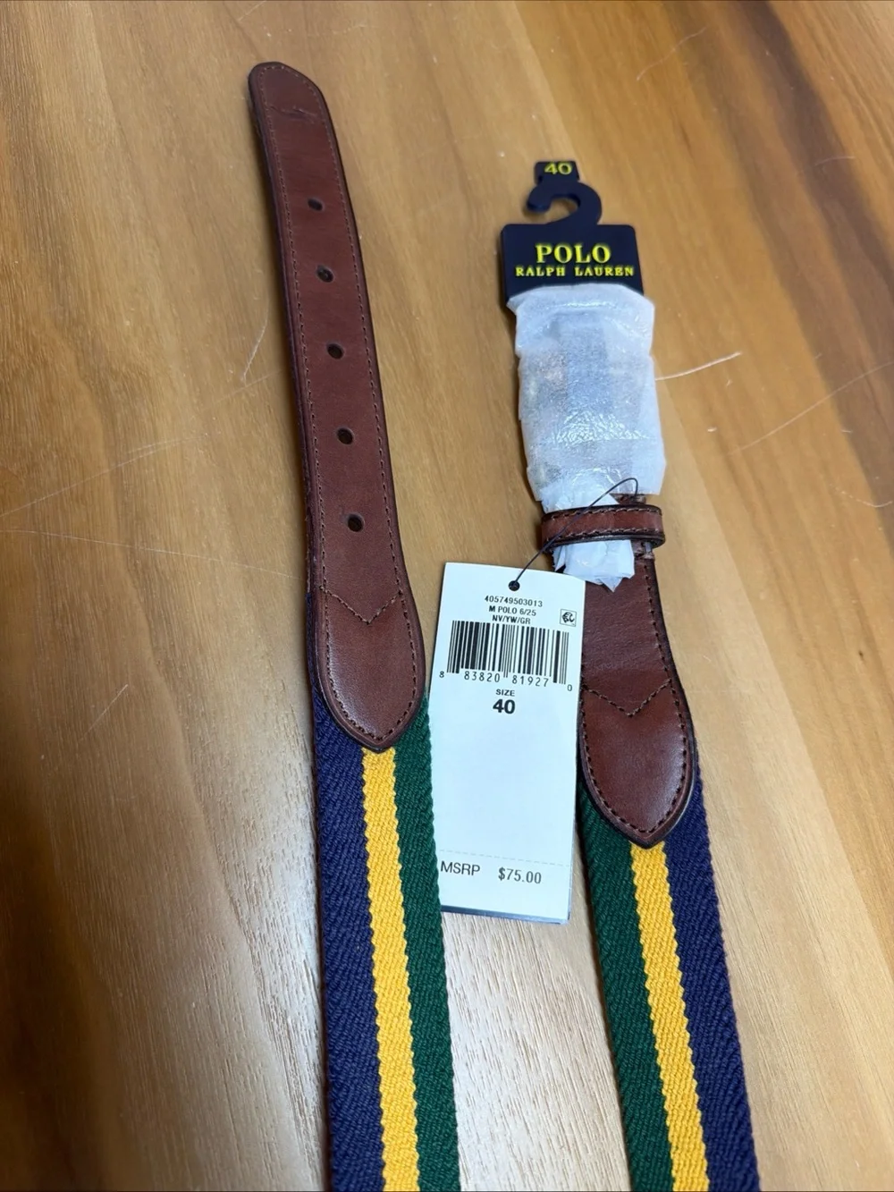 NWT Polo Ralph Lauren Men’s Woven Striped Belt Leather Trim Sz 40 Brass Buckle